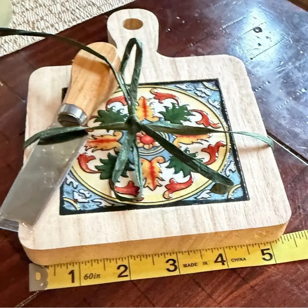 Decorative Wooden Cheese Board with Knife New